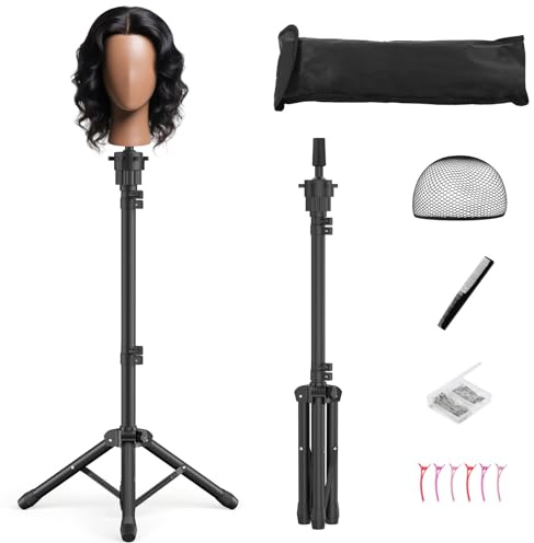 Womnwomn Wig Stand Tripod, 50 Inch Adjustable Mannequin Head Stand, Wig Head Stand for Cosmetology, Hairdressing Training - Includes T-Pins, Comb, Hair Clips & Carrying Bag (Head Not Included)