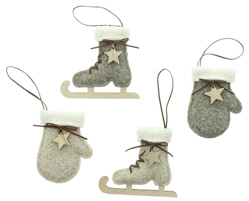 FRANK FLECHTWAREN Hänger Winterzeit 4er Set – Polyester, Holz, Kunstleder – 9 × 11/13 × 11 cm – Stilvoll und langlebig – Baumschmuck Weihnachten