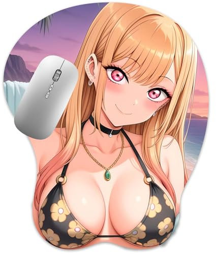 Tapis de souris 3D avec seins en silicone - Avec repose-main - Antidérapant - Manga - Ergonomique - Pour jeu de bureau - Marin Kitagawa