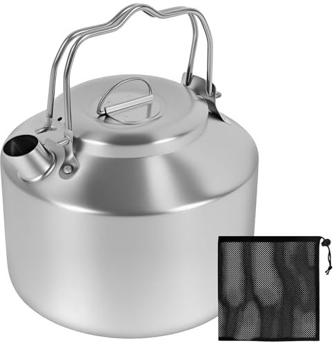1.3L Heavy Duty Camping Kettle with Double Handle Stainless Steel Short Nozzle Design Portable Camp Tea Coffee Pot with Storage Bag for Camping Hiking Picnic BBQ Outdoor Activity