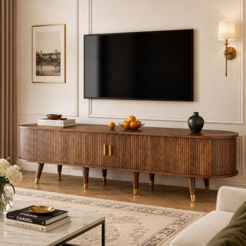 OLIVIBED Supporto TV con lati in rattan, mobile basso con 2 ante e cassetti, mobile TV per televisori fino a 75 pollici, mobile TV per soggiorno e sala da pranzo, colore legno, 175 x 38 x 45 cm