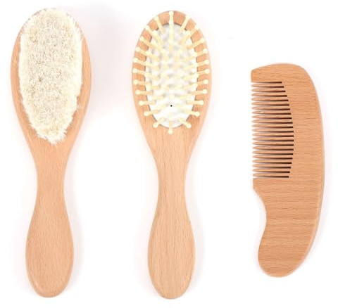 Noaxylic Baby Haarbürste Set Holz Babybürste Baby Haarbürste mit Holzgriff | Haarbürste mit weichen Ziegenborsten, 3 pcs Babyhaarbürste Extra Weich, für Säuglinge, Kopfhautpflege, Babyzubehör