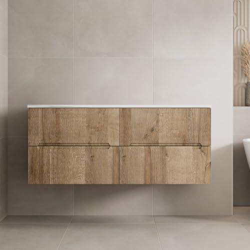 Vitusso® 1200mm Fluted Bathroom Cloakroom Vanity Unit White Marble Countertop Double Wall Hung Storage Furniture Soft Close, Oak, No Basin
