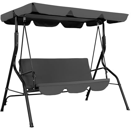 Avestar Hollywoodschaukel 3 Sitzer, Gartenschaukel, mit verstellbarem Dach, abnehmbarem Kissen, Stabiler Stahlrahmen, ideal für Terrasse, Hinterhof, Garten und Balkon, Dunkelgrau