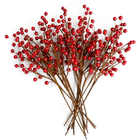 12pcs13.5 Red Holly Berry Stems for Christmas Tree, Faux Greenery Picks and Sprays as Holiday Decorations, Berry Garland Planter Filler Branches for Evergreen Outdoor Planters,Christmas Décor with