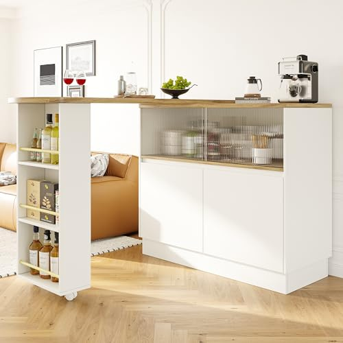 ModernLuxe 360°Drehbares Sideboard Stehtisch mit Ablageflächen und Glasschiebetür, Moderner ESS- & Barschrank 90x45x100cm, Küchenregal mit Stauraum, Weiß + Holzoptik, für Küche & Esszimmer