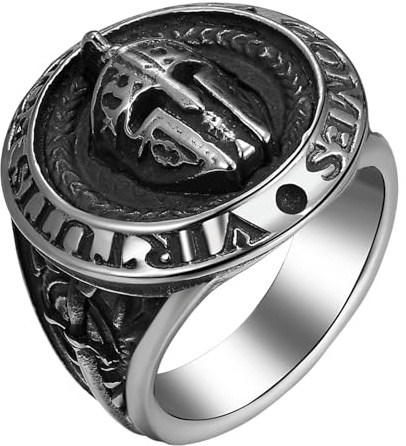 Flongo Spartan Krieger Ring für Herren: Siegelring im Viking Helm und Maske Design, Mittelalter Gothic Schmuck im Punk Rock Stil, Symbol für Stärke und Mut, Geschenkidee für Männer - Größe 70