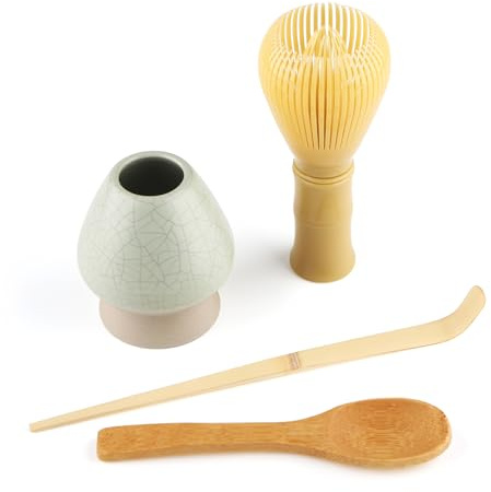 4 Piece Matcha Japanese Ceremony Set, Resin Matcha Whisk, Bamboo Spoon, Bamboo Scoop, Whisk Stand, Perfect Set for Preparing, Yellow - Grid Green