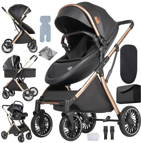 Veitoalioy PU-Leder Kinderwagen 3 in 1, Aluminium Hohe Landschaft Babywagen, Bequemer Multifunktionaler Kombikinderwagen 3 in 1 Komplettset (V6 Black)