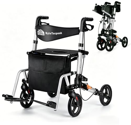 ByteTecpeak R3 Déambulateur Léger 2 en 1 et combiné fauteuil roulant avec repose-pieds, poignée/hauteur réglable, avec fonction fauteuil roulant, roues tout terrain, capacité de 150 kg, Argent