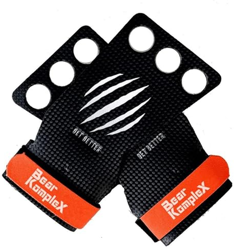 Bear KompleX 3 Hole Hand Grips and Gymnastics Grips Great for Cross Fitness, pullups, Weight Lifting, Chin ups, Training, Exercise, Kettlebell, More. Protect Your Palms from rips! Large 3hole Carbon