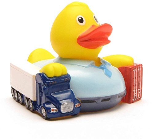 Duckshop I Badeente Spediteur I Quietscheente I L: 8 cm I inkl. Quietscheentchen-Schlüsselanhänger im Set I Geschenk LKW-Fahrer I Präsent Sammler