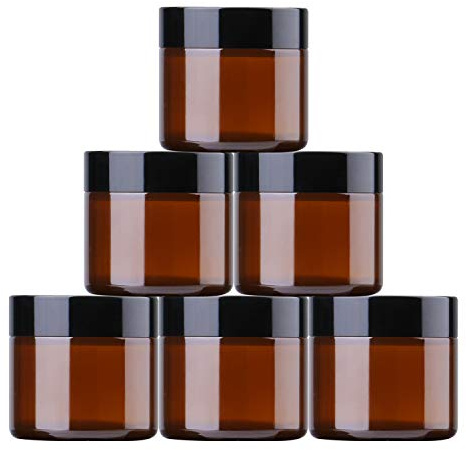 THETIS Pots en Verre Ronds 60ml - Les récipients cosmétiques vides avec doublures intérieures, couvercles Noirs et Pots d’échantillon en Verre avec des étiquettes, 6 Paquets de Marron