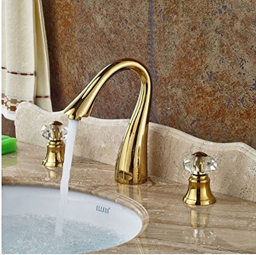 Gowe Fini doré 3 Pcs col de Cygne Bec de Salle de Bain Robinet de Lavabo avec Deux Poignées de Cristal Robinet mitigeur