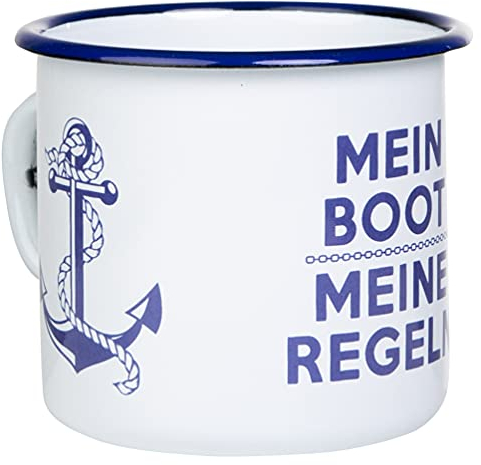 MUGSY Emaille Tasse, Mein Boot, Meine Regeln, Outdoor Tasse mit Spruch, Emaille Becher, 330ml, weiß