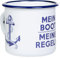 MUGSY Emaille Tasse, Mein Boot, Meine Regeln, Outdoor Tasse mit Spruch, Emaille Becher, 330ml, weiß