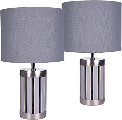 BRUBAKER 2er Set Tisch- oder Nachttischlampen - 33 cm Höhe - Fuß aus Holz/Metall Grau - Textilschirm Grau