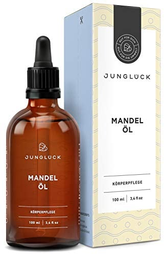 JUNGLÜCK Mandelöl BIO kaltgepresst 100ml - Vegan | 100% rein, natürliches Öl pflegt besonders trockene Haut reichhaltig | Hautschützend dank Vitamin E - intensive Pflege für Gesicht, Haare und Körper