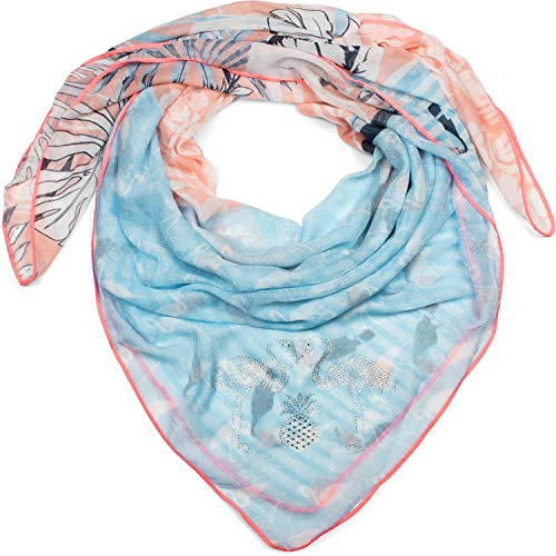 styleBREAKER Damen XXL Dreieckstuch mit Flamingo, Blumen, Palmen und Papageien Aufdruck und Strass Applikation, Schal, Tuch 01016179, Farbe:Hellblau-Apricot