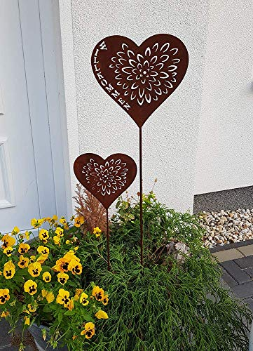 K&L Wall Art 2-Teilig Gartenstecker Herz + Blumen Roststecker Set Blumenstecker Feng Shui Edelrost Deko Gartendeko Gartenschild 110cm Willkommen + 75cm Roststecker JF141866REV