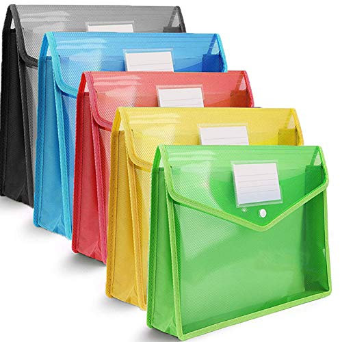 A4 Plastic Wallets, 5 Pcs Popper Wallet Plastic Document Folder Premium Pockets Files Envelope for School Office Home, with Snap Closure,Large Capacity