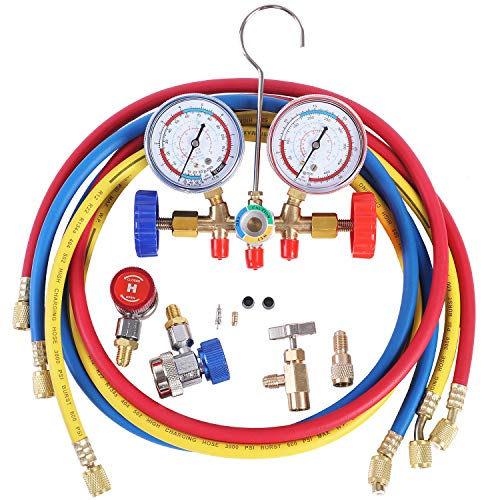 JIFETOR 3-Wege-AC-Verteiler-Set, HVAC-Diagnosegerät, Freon-Ladewerkzeug für Auto Haushalt R12 R22 R404A R134A Kältemittel, mit 1,5 m Schlauch, verstellbarer Schnellkupplung, Dosenhahn und ACME-Adapter