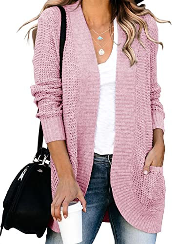 Saodimallsu Damen Lose Open Front Strickjacke Langarm Lässige Leichte Weiche Strickpullover Mantel Mit Taschen (Klein, Rosa)