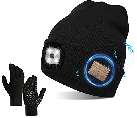 QKTYB Kabellose Bluetooth Beanie Mütze mit LED Stirnlampe V5.0 Touchscreen Handschuhe USB Wiederaufladbar Musik Hut Waschbar für Herren Damen Laufen Skifahren Wandern Camping Radfahren