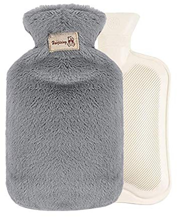 QUTAII Wärmflasche mit Bezug,Wärmflasche 800ml uper Soft Plüschbezug Sicher Und Frei Von Schadstoffen,Wärmflaschen für Familie,Freunde lindert Schmerz, Bauchschmerzen, Krämpfe (Grau)