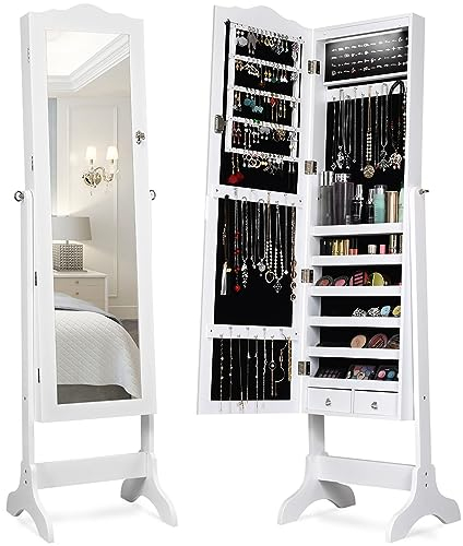 COSTWAY Armadietto Portagioie Specchiera per Gioielli con Chiave e Luci LED, Specchio Figura Intera da Terra, 160x41,5x37cm (Bianco)