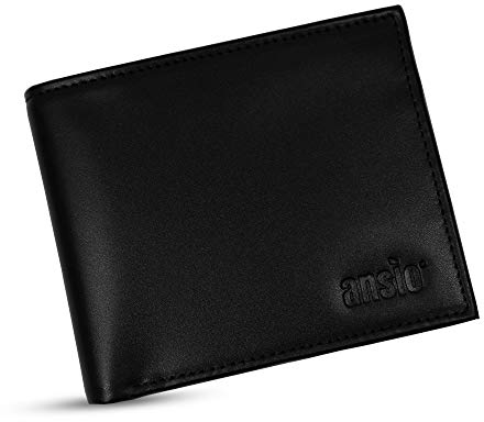 ANSIO Portefeuille en Cuir pour Homme, Porte-Cartes à Deux Volets, Portefeuille pour Homme avec Poche pour pièces de Monnaie, Portefeuille en Cuir véritable avec boîte Cadeau, Noir, Standard