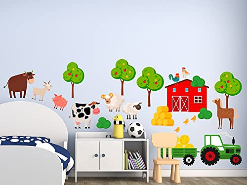 GRAZDesign Wandtattoo Kinderzimmer Junge | Traktor grün Bauernhof Bäume Stroh Tiere Kuh Pferd | Wandsticker Babyzimmer | Wand Deko zum Aufkleben | selbstklebend 100x57cm