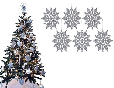 Simply Products Pack of 6-10cm Glitter Hanging Decoration, Snowflakes Christmas Tree Decorations (Silver)