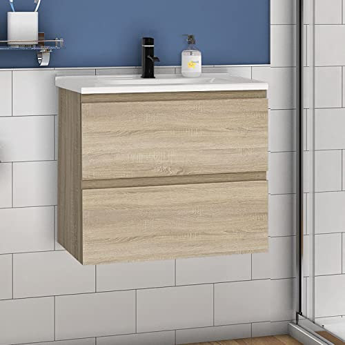 Aica Sanitär Waschtisch mit Unterschrank 60 cm Badmöbel Set mit Waschbecken Keramik dünn Gäste WC Eiche Matt