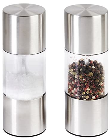 wenco Salz- und Pfeffermühle Set 2-teilig, Gewürzmühlen aus rostfreiem Edelstahl mit Keramikmahlwerk, Mahlgrad stufenlos einstellbar, für trockene Gewürze, Pfeffer und Salz, Silber/Transparent