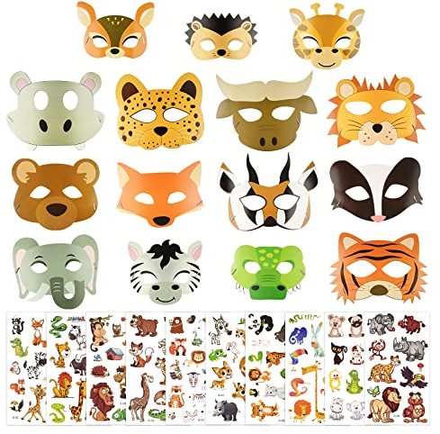 BOFUNX 15pcs Maschere Animali Bambini Maschere Animali di Carta 10pcs Tatuaggi Temporanei Bambini Tatuaggi Animali per Compleanno Festa Carnevale Halloween