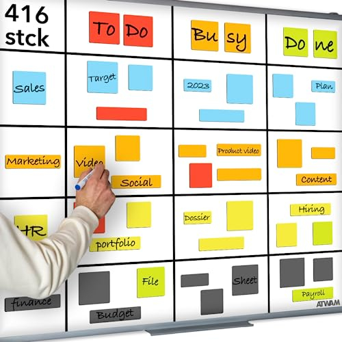 ATWAM - 416 Beschreibbare Magnete & Zubehör MEGA Set - Scrum & Kanban - Magnetstreifen Beschreibbar - Für Whiteboard, Magnettafel, Magnetwand & Kühlschrank