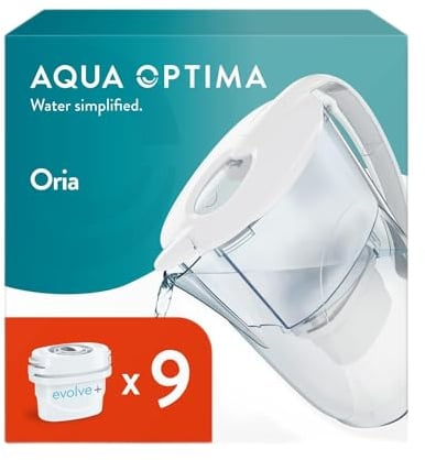 Aqua Optima Oria Caraffa Filtro Acqua e Cartucce Filtro Acqua 9 x 30 Giorni Evolve+, capacità 2,8 litri, per Riduzione di Microplastiche, Cloro, Calcare e Impurità, Blanco
