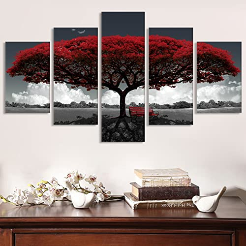 Stampa su tela con albero rosso, 5 pezzi, decorazione da parete, albero della vita, paesaggio, moderna stampa HD, pittura a olio, senza cornice, (albero rosso, L)