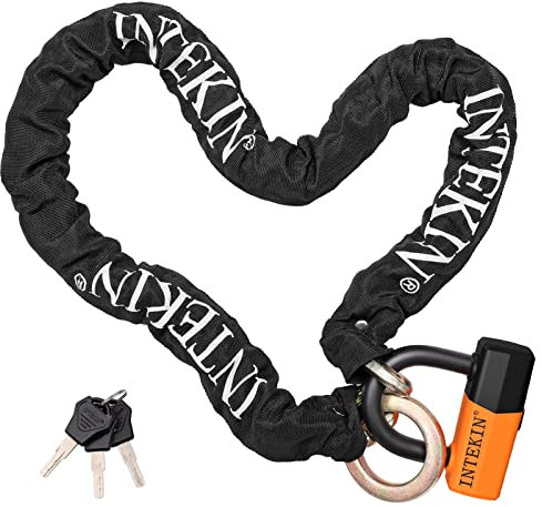 INTEKIN Candado de cadena de motocicleta de 5 pies, 12 mm de grosor, candado de cadena de bicicleta resistente con bloqueo de disco de 16 mm para motocicletas, scooters, puertas y más, color naranja