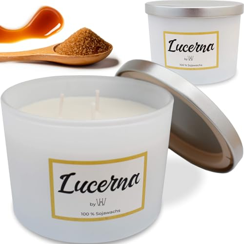 Vela aromática XXL de 3 mechas en tarro de cristal con tapa, aroma a azúcar marrón, aroma a caramelo, grande, 800 g, 70 horas de combustión, cera de soja natural, relajante, bienestar, regalo para