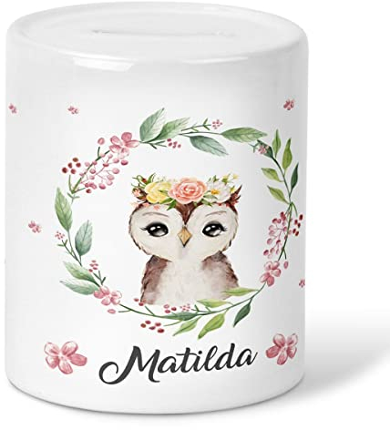 MIKALINO Kinder Spardose Süße Eule mit Blumenkranz personalisiert mit Wunschname Geschenke Geschenkideen Sparschwein - handbedruckt in Deutschland, Farbe:Weiss, Grösse:OneSize
