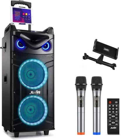 Moukey Karaoke Maschine Große Karaoke Anlage mit 2X 26cm Woofer & 8cm Tweeter & 2 Mikrofonen, Wiederaufladbarer Bluetooth Lautsprecher mit Lichteffekt Tablettenhalter TWS/Rec/AUX/USB/TF/FM für Party