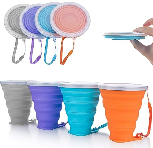 4 Pièces Tasse en Silicone Pliable, 270ml Coupe de Voyage Légère avec Couvercle, Gobelets Extensibles, Mug à café Portable- Sans BPA,Tasses Réutilisables pour Le Camping, la Randonnée, Les Voyages