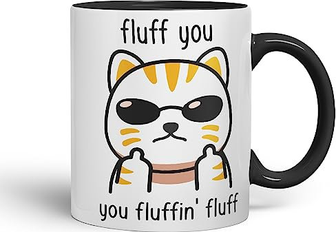 Vixar Fluff You Cat Joke Adult Ceramic Mug Coloured Mug Cup Gift Tea Coffee Christmas Office Home (Black)