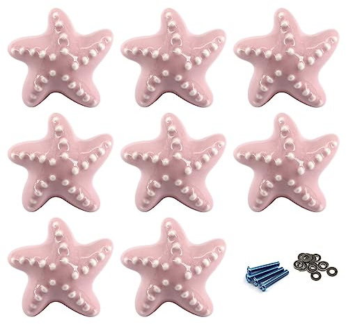 Zerniple Pomos de puerta de cerámica rosa con forma de estrella de mar, Tiradores Armario, Pomos Puertas para cajón de habitación de los niños, armarios (vienen con tornillos y cuñas)