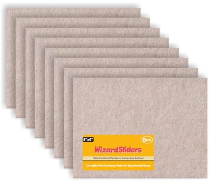WIZARD SLIDERS Felt Furniture Pads Self-Adhesive for Hardwood Floors, 8pcs 8 x 6 x 1/5 Cuttable Furniture Pads Square Furniture Movers, Floor Protector Cut into Any Shape, Beige
