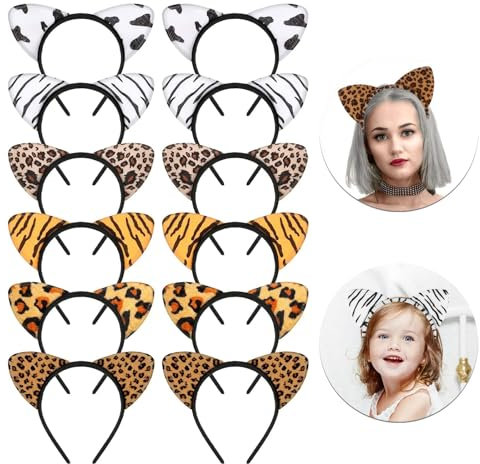 Eowppue 12-teiliges Set Katzenohren Haarreif für Ostern - mit Leopardenmuster Flauschiges Haarband für Mädchen, Haarschmuck für den Alltag und die Weihnachtsfeier