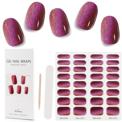 Kalolary 32PCS Cured Gel Nail Polish Strips, Adhesive Full Wrap Gel Nail Art Sticker, Waterproof Gel Nail Wrap Stickers with Nail File and Stick(UV/LED Lamp Required) (Gradient Red)