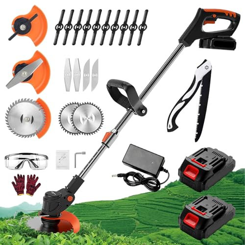 Garden Cordless Strimmer, Electric Grass Strimmer with 2 X 21V Batteries and UK Charger, Metal Blade Strimmer with 3 Different Blade Types, Brush Cutters for Garden and Lawn Mowing
